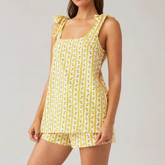 Show Me Your MuMu Britt Bow PJ Set Limoncello Stripe Print Medium NEW NWT Trendy - Picture 2 of 7